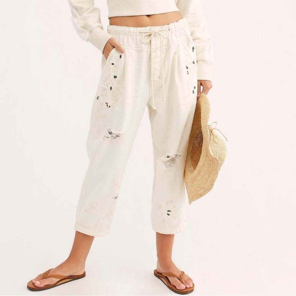 Free People Mixed Up Cropped Utility Pants Distressed Painter Button Fly XS
